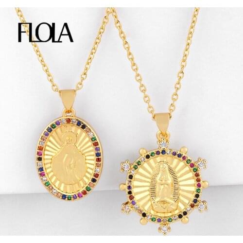 FLOLA Rainbow Virgin Mary Pendants Necklaces For Women Gold Crystal Necklaces Cubic Zirconia Jewelry virgen de guadalupe nkeq28