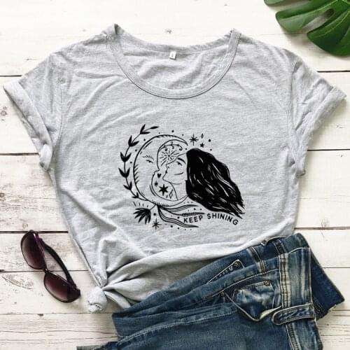 Keep Shining Girl And Moon T-shirt Spiritual Boho Mental Health Matters Tshirt Cute Women Graphic Inspirational Quote Tops Tees