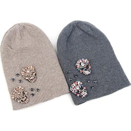 Geebro Woman Cotton Skull Hat With Rhinestone Beanies Hats Soft Thin Wool Knitting Skullies Beanies For Ladies Fashion Bonnet
