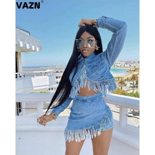 VAZN 2020 Blue Tassel Women Casual Shinny Solid Outfit Two Pieces Set Full Sleeve O-neck Short Skirt Elegant Sets