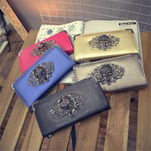 Metal Skull Pattern Long Wallet Ladies Handbag Zipper Skeleton Purse Clutch Card Holder Wallet Carteira Feminina