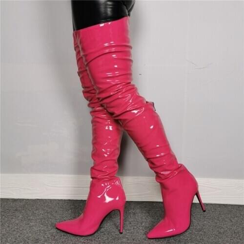 Fancy Pink Patent Leather Pointed Toe Side Zip Women Fashion Thigh High Boots Over The Knee Customized Big SIZE 47