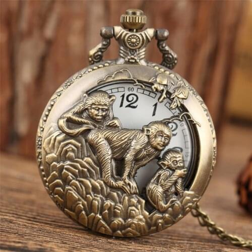 Retro Bronze Chinese Zodiac Monkey Half Hunter Quartz Pocket Watch Pendant Chain Pocket Clock for Men Women