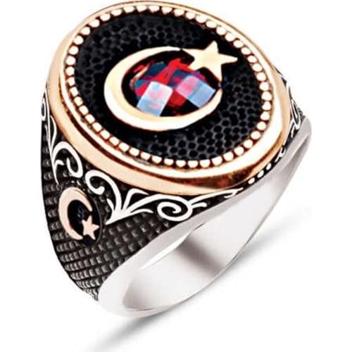Silver Turkish Flag Moon Star Themed Male Ring