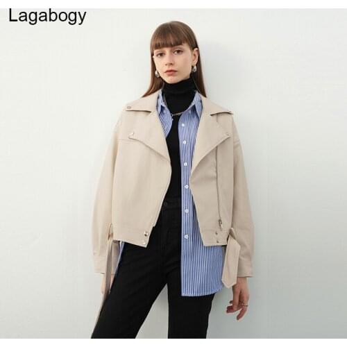 Lagabogy New Spring Autumn Women Soft Faux Leather Motorcycle Jacket Female With Belt Solid Lady Loose Casual PU Coat Outwear