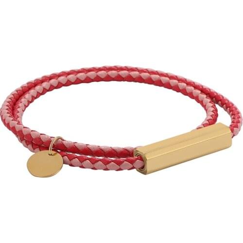 New Trendy Jewelry Red & Pink Braided Leather Bracelet Women Men Stainless Steel Magnetic Buckle Couples Leather Bangles PD0706
