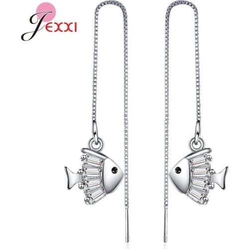 New Simple 925 Sterling Silver Fashion Temperament Pave Cubic Zirconia Fish Ear Line Drop Earring For Women Girl Fine Jewelry