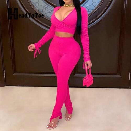 Solid Casual Brief Navel Two Piece Outfits Woman Full Sleeve V Neck Skinny Slim Pencil 2 Piece Set Women