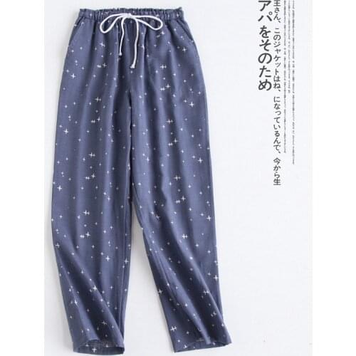 Autumn Cotton Double Gauze Sleep Bottoms Couple Simple Stars Pajama Pants Women Loose Lounge Wear Elastic Waist Home Clothes