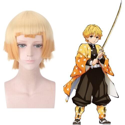Anime Demon Slayer: Kimetsu no Yaiba Agatsuma Zenitsu cosplay wig Adult man Boys orange short hair wig costumes Halloween Party