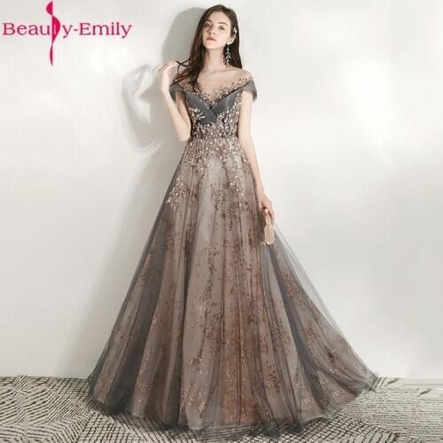 Luxurious Appliques Sequined Sleeveless Evening Dresses Romantic Off the Shoulder Lace Up Back A Line Dress 3 Colors Available