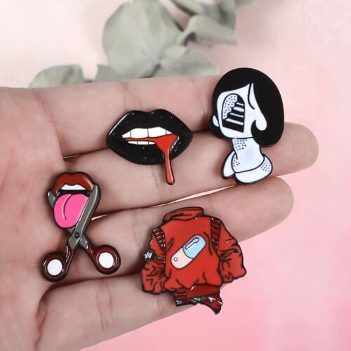 Hot Sexy Girl Pins Red lips Black Mouth Pill Jackets Women Face Eyeliner Brooches Enamel pins Pins up Girls Accessories