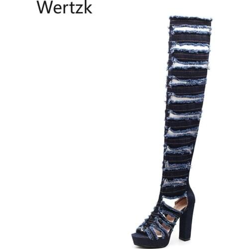 Women shoes Gladiator Hole Denim Boots Over Knee High Heels Platform Peep Toe zipper Sexy ladies sandals zapatos de mujer B423