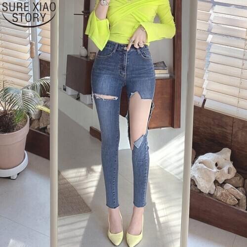 Spring Summer Ripped Holes Elastic Denim Jeans Women Jeggings Tassel High Waist Pants Capris Female Skinny Pencil Jeans 10405