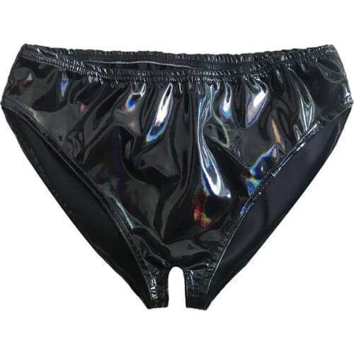 Women Faux Leather Crotchless G String Panties Shiny Wet Look Briefs Underwear Thongs For Plus Size Female Underpants Sex Briefs
