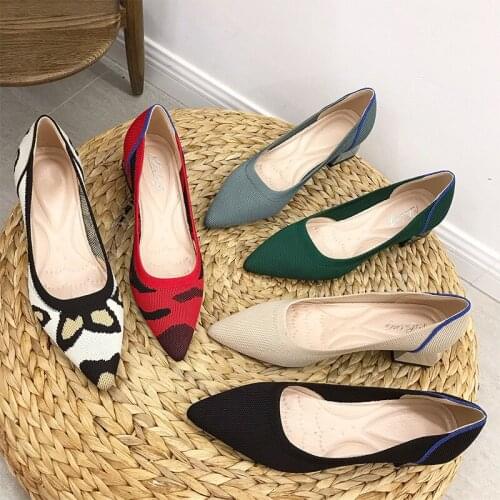 Ballet High Heels Womens 2021 New Knitted Middle Heel Pointed Breathable Woven Shoes Leopard Pattern Flying Woven High Heels