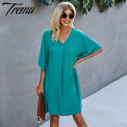 TREMU Batwing Sleeve Short Dresses for Women Chiffon Loose Casual Solid Plus Size dress vestido de mujer