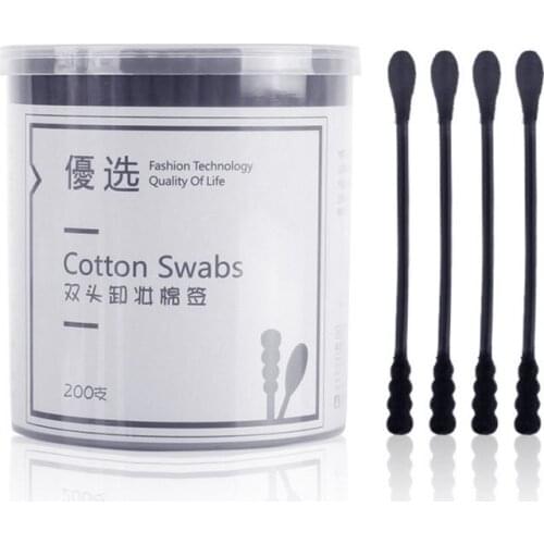 200pcs Disposable Cotton Swab Spiral Ear Cleaner Black Double Heads Swab Makeup Tool
