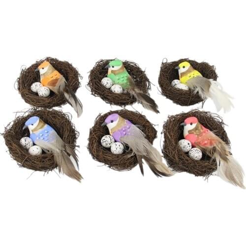 6 Sets Artificial Simulation Foam Birds Nest Eggs Decor Feather Birds Craft DIY for Home Ornaments Wedding Decoration