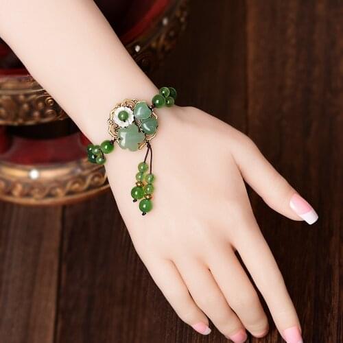 Ethnic Style Hand Knitted Dignified Dongling Yu Retro Bracelet Personal Temperamental Green Crystal Beads Charm Bracelet