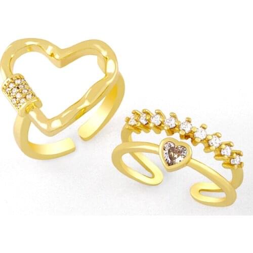 FLOLA Gold Plated Cubic Zirconia Hollow Heart Rings For Women Crystal Double Open Finger Ring Girls Jewelry Gift rigk97