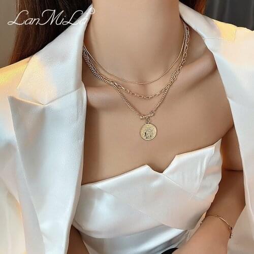 LanMiLa New Necklace 2021 Bohemian Portrait Coin Pendant Layered Chain Women Jewelry