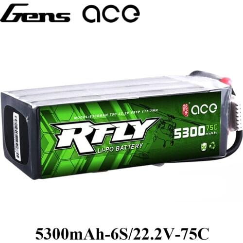 Gens ace RFLY 5300mAh 6S 22.2V 75C Max 150C Lipo Battery with Dean T Plug for Traxxas Boat Heli Fixed Wing Drone Plane Car