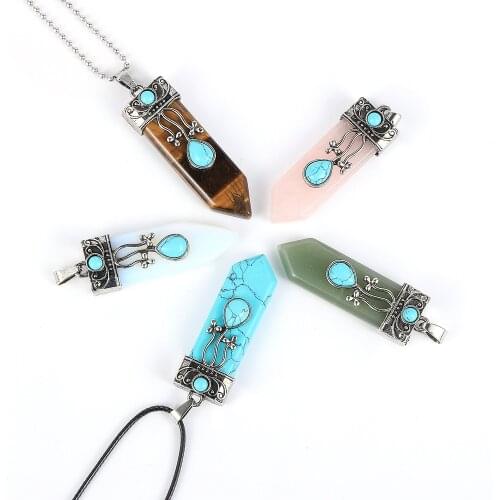 Unisex Men Women Natural Gem Stone Quartz Pendants Suspension Necklace Bullet Hexagonal Pendulum Reiki Chakra pendulo