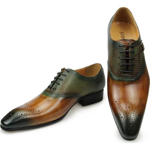 Luxury Brand Mens Dress Wedding High Quality Shoes Zapatos De Hombre Brogues Leather Black Mixed Colors Oxford Pointed Toe Shoe