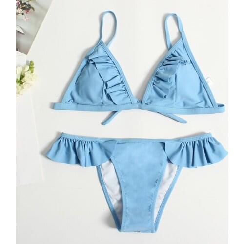 Sexy triangle micro bikini set Ruffle ribbed swimsuit High waist swimwear women Solid backless bathing suit Beach wear