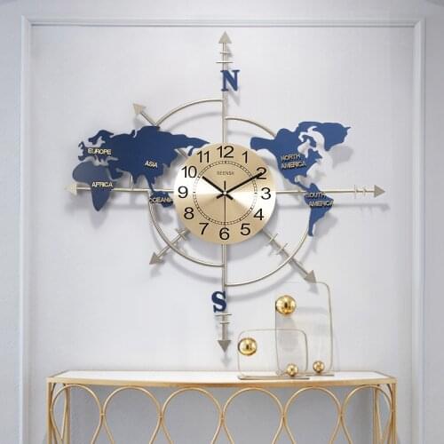 Nordic Wrought Iron Map Wall Clocks Wall Hanging Ornaments Livingroom Mute Clock Wall Mural Crafts Home Wall Sticker Decoration