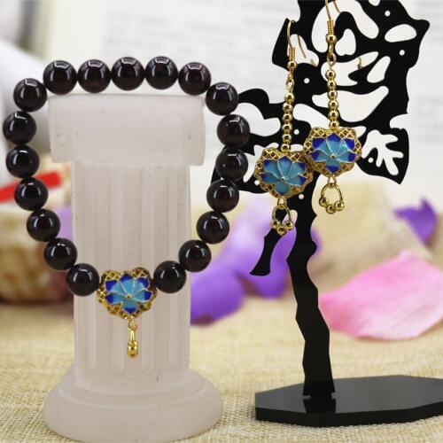 Unique strand bracelets natural garnet stone beads 8mm round beads earrings gold-color cloisonne diy jewelry set 7.5inch B3103