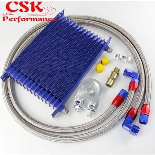 Universal 15 Row 262mm AN10 Engine Transmission Oil Cooler Trust Type + Aluminum Filter Adapter Kit Silver/Blue/Black