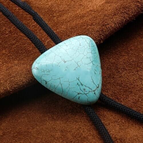 Vintage Western Cowboy Mens BOLO Tie Slide Clip Triangle Turquoise Polyester Woven Rope