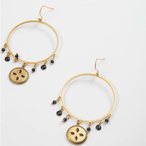 Vintage Big Circle Round Drop Earrings For Women Handmade Black Enamel Beads Tassel Charm Dangle Earring Stainless Steel Jewelry