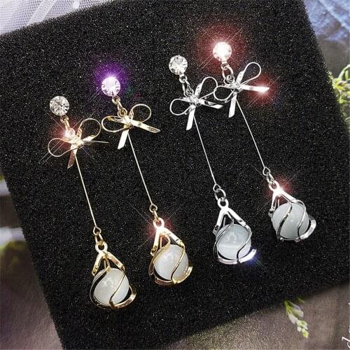 Women Imitation Pearls Tassel Earings Crystal Bow Long Tassel Earrings Female Long Temperament Butterfly Earrings Золотой Серьги