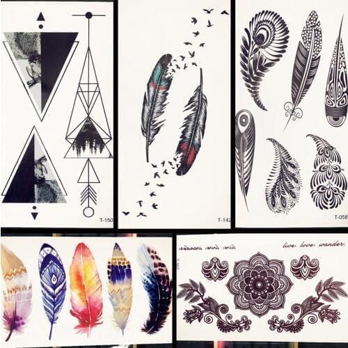 Women Geometry Tattoo Sticker Black Feather Triangle Pattern Tatoo For Girls Boys Fake Henna Tattos Body Legs Feet Face Neck Art