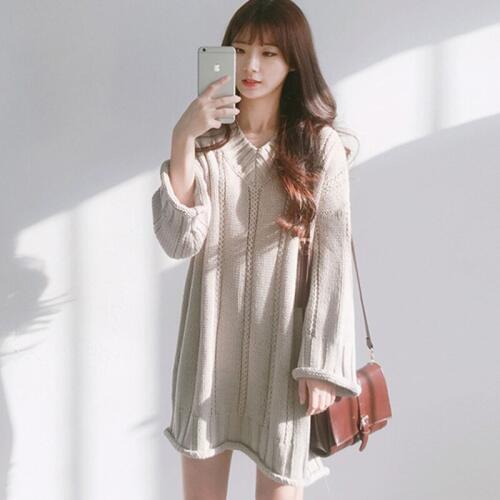 Autumn Winter Long Sweater Dress Women Sexy V-neck Long sleeve Loose Sweater Jumpers Korean Solid Thick Women Knitted Pullover