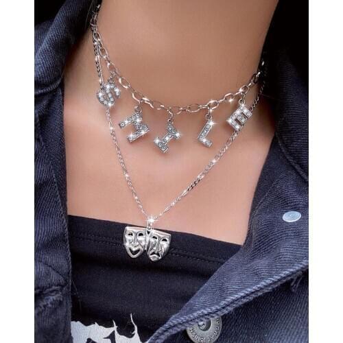 Korean Style Cool Casual Street Style Sexy Crystal Lettered Customizable Chain Necklace Clavicle Necklace Women