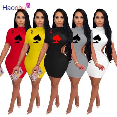 HAOOHU Bodycon Mini Women Dress Black Spade Q Poker Card Print Open Back Bandage Pencil Short Sleeve Dresses Outfits