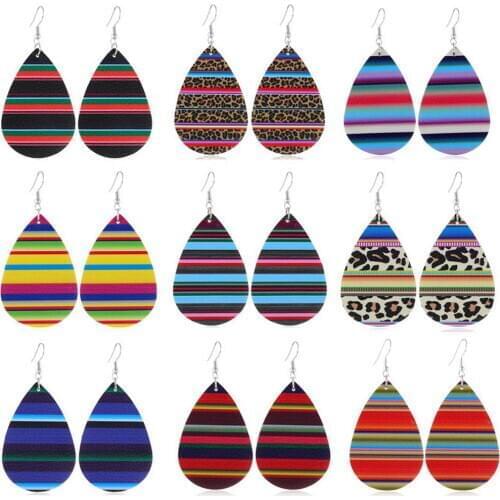 ZWPON Rainbow Strip Print Leather Teardrop Earrings for Women Lightweight PU Leather Leopard Earrings Jewelry Wholesale
