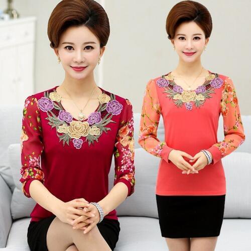 2017 Autumn New Middle Aged Long Sleeve T Shirt Women Middle Aged Mother Clothing Fashion Long Style Chiffon Tops Plus Size