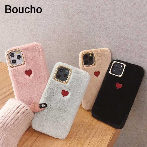 Love Heart Phone Case for iPhone 11 Pro Max XS Max X XR Case Furry fluffy Fur Plush Warm Cover for iPhone 6 6S 7 8 Plus Case
