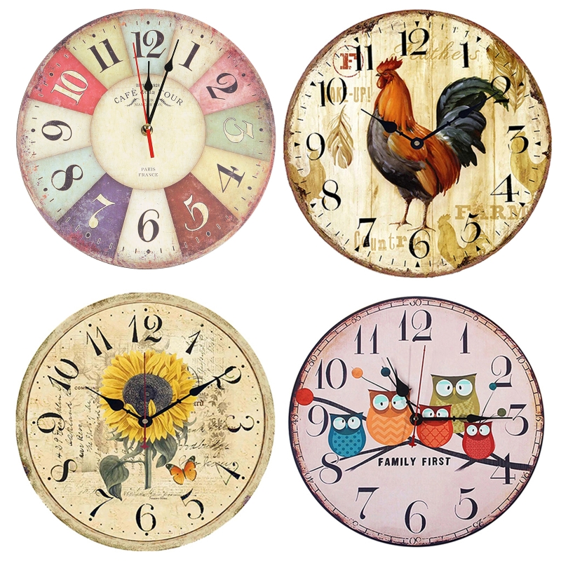 Retro Wooden Wall Clock Owl Rooster Vintage Rustic Non-Ticking Silent Quiet Home Office Kitchen Nursery Living Room Bedroom Deco