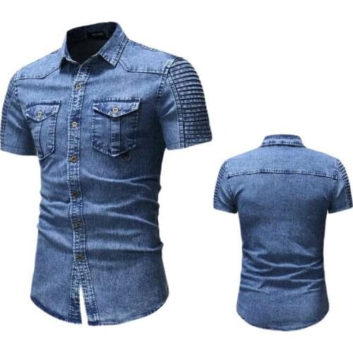 Denim Shirt Mens Short-Sleeved Shirt Personality Stitching Pleated Sleeve Denim Shirt pleated sleeve denim shirt