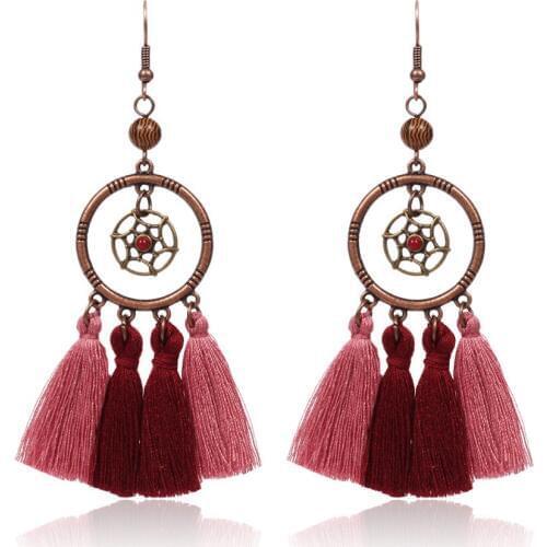HC Vintage Dreamcatcher Round Drop Earrings Dangle Jewelry Women Bohemian Tassel Earrings Fashion oorbellen Girl Earrings Long F