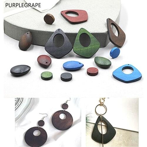 Solid wood DIY handmade earrings jewelry accessories straight hole round pendant necklace pendant geometry retro 6 pieces