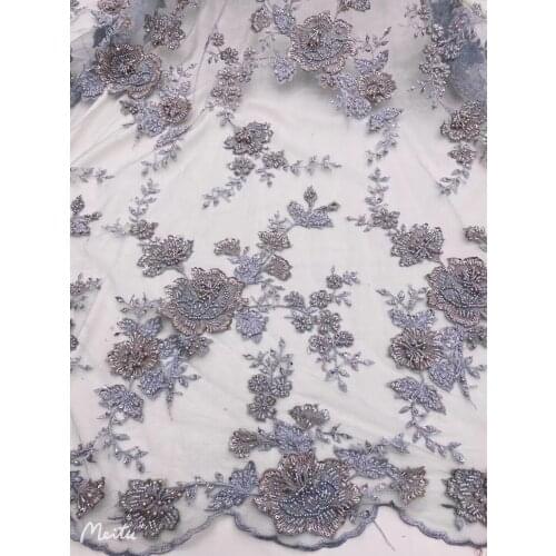 Hot sale nigerian african lace fabrics with beads french ZH-3686811 bridal lace fabric for wedding party dress