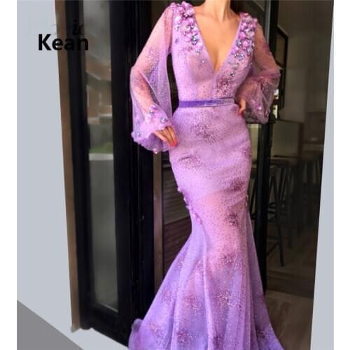 Lavender Muslim Evening Dresses V-Neck Mermaid Bead Flowers Illusion Islamic Dubai Kaftan Saudi Arabic Evening Gown Prom Dress