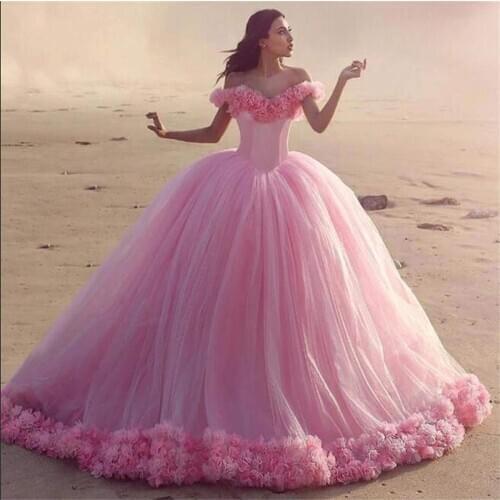 Pink Cheap Quinceanera Dresses Ball Gown Off The Shoulder Tulle Flowers Puffy Sweet 16 Dresses